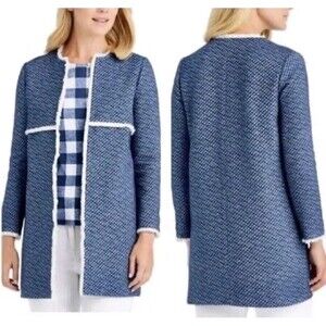 J. McLaughlin Blue White Fringe Trim Tweed Blazer Jacket sz M Officewear Chic